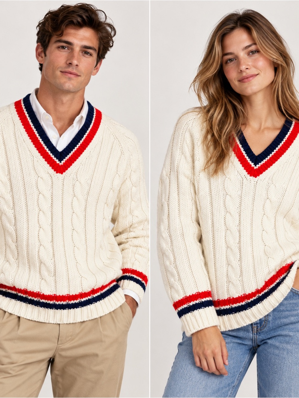 Vintage Lainière de France Unisex Cable Knit Cricket Sweater Cream Red Navy